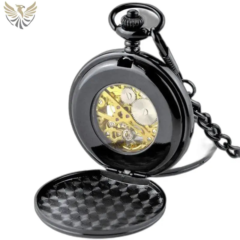 Montre Gousset Mécanique Luxe Noir Or avec chaîne dorée et design élégant