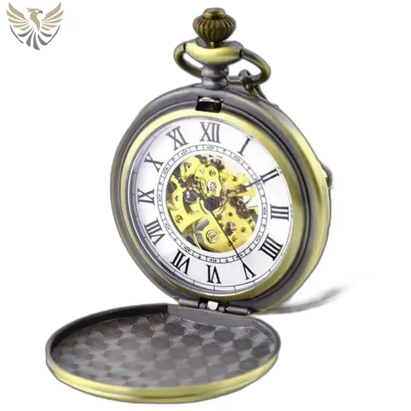 Montre Gousset Mécanique Luxe Noir Or avec chaîne dorée et mécanisme visible