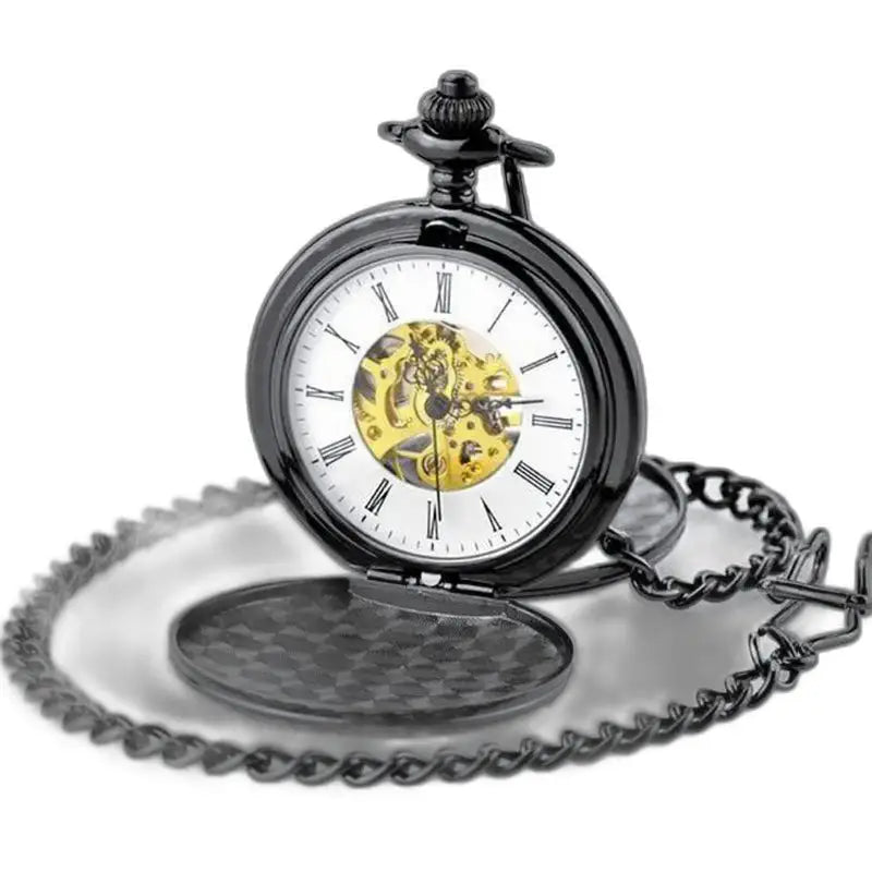 Montre Gousset Mécanique Luxe Noir Or avec chaîne dorée et design élégant