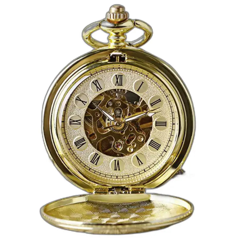 Montre Gousset Mécanique Luxe Noir Or avec chaîne dorée et design élégant