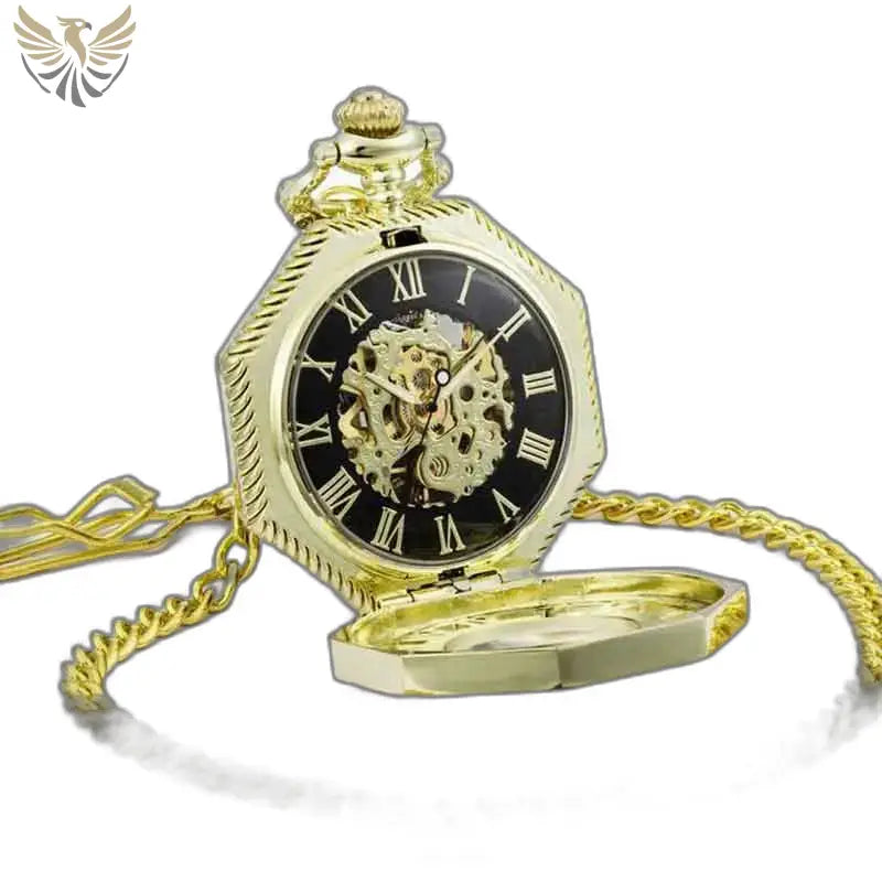 Montre Gousset Mécanique Octogonale Dorée avec chaîne en or et design élégant