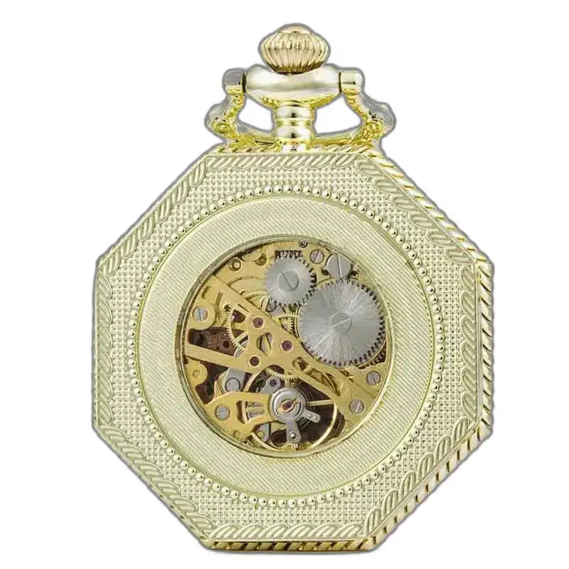 Montre Gousset Mécanique Octogonale Dorée avec mécanisme visible en or