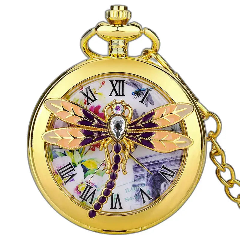 Montre Gousset Or Papillon Design élégant avec mouvement à quartz et dragonfly