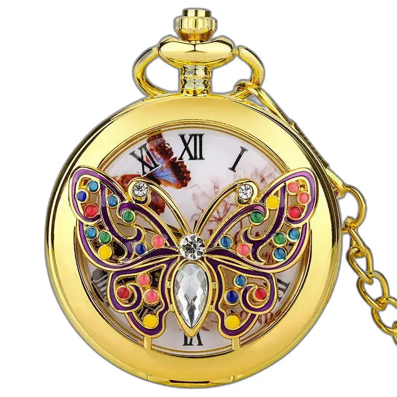 Montre gousset or avec papillon design élégant et mouvement à quartz
