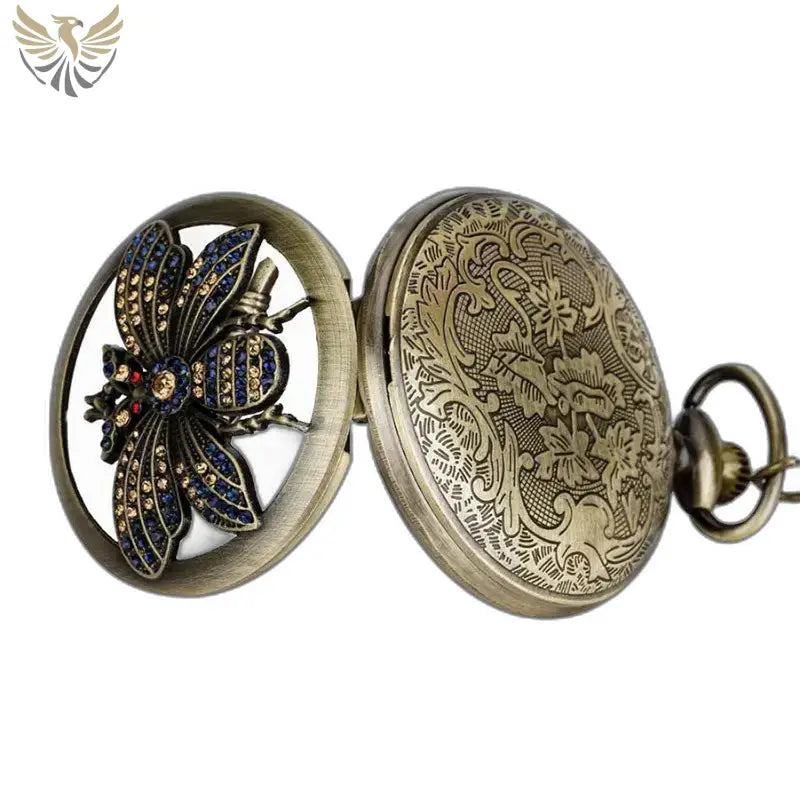 Montre Gousset Quartz Papillon Bronze Classique avec abeille ornée en bronze