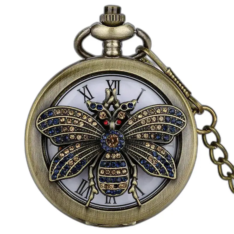Montre Gousset Quartz Papillon avec abeille précieuse en bronze antique