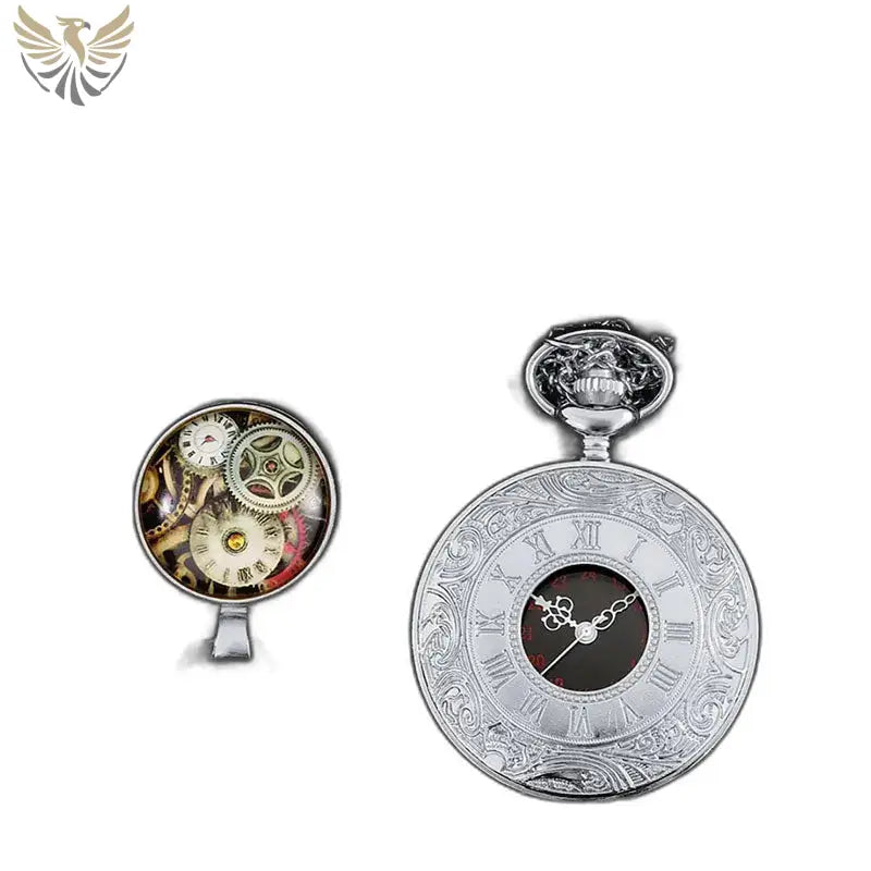 Deux montres gousset rétro classiques en or et noir, élégantes et détaillées