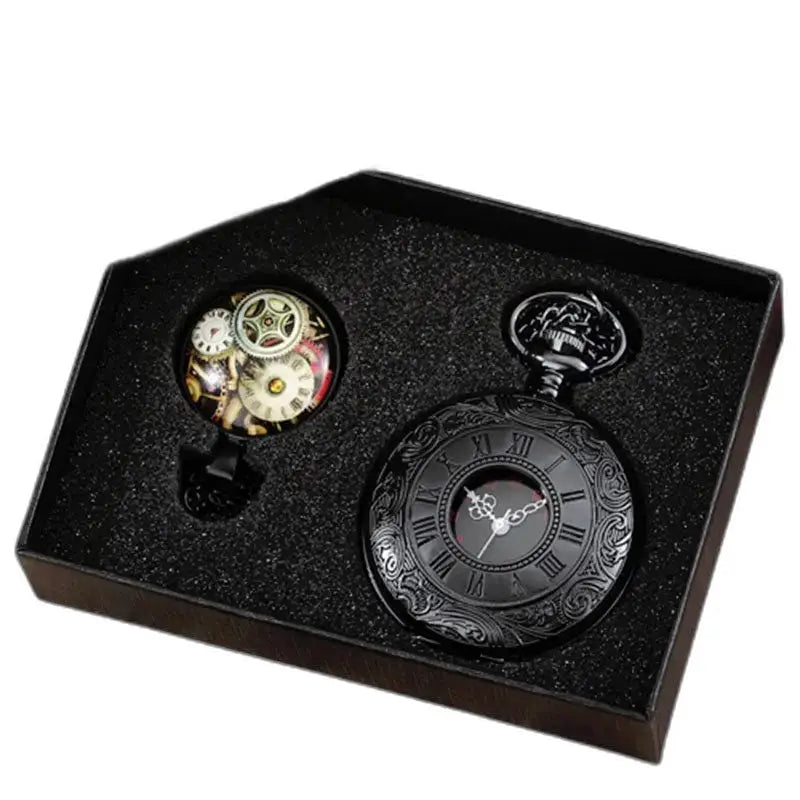 Deux montres gousset rétro en boîte de présentation, modèle Couleur Or Noir