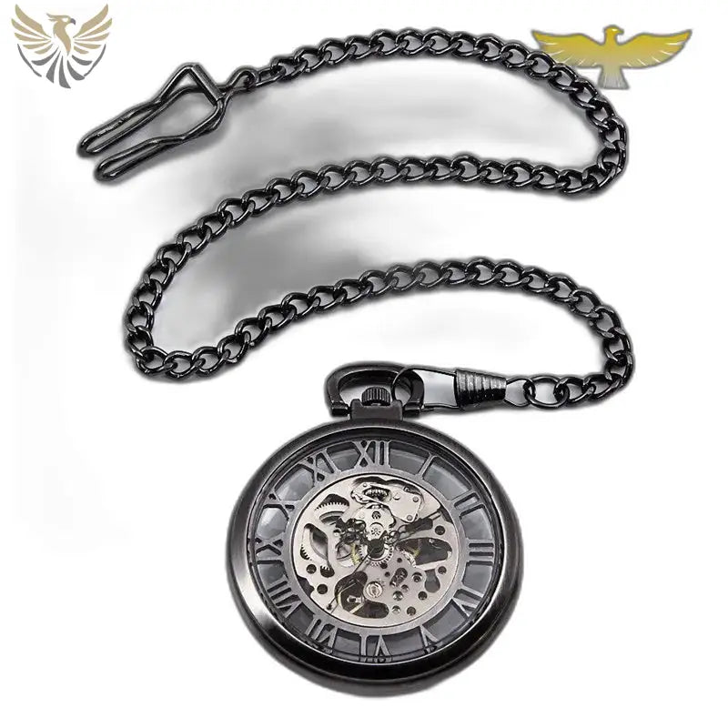 Montre Gousset Squelette Automatique Homme Femme, montre gousset avec chaîne noire
