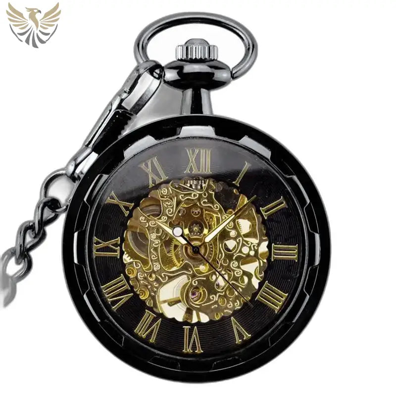 Montre Gousset Squelette Luxe Homme Femme avec un design noir et or élégant
