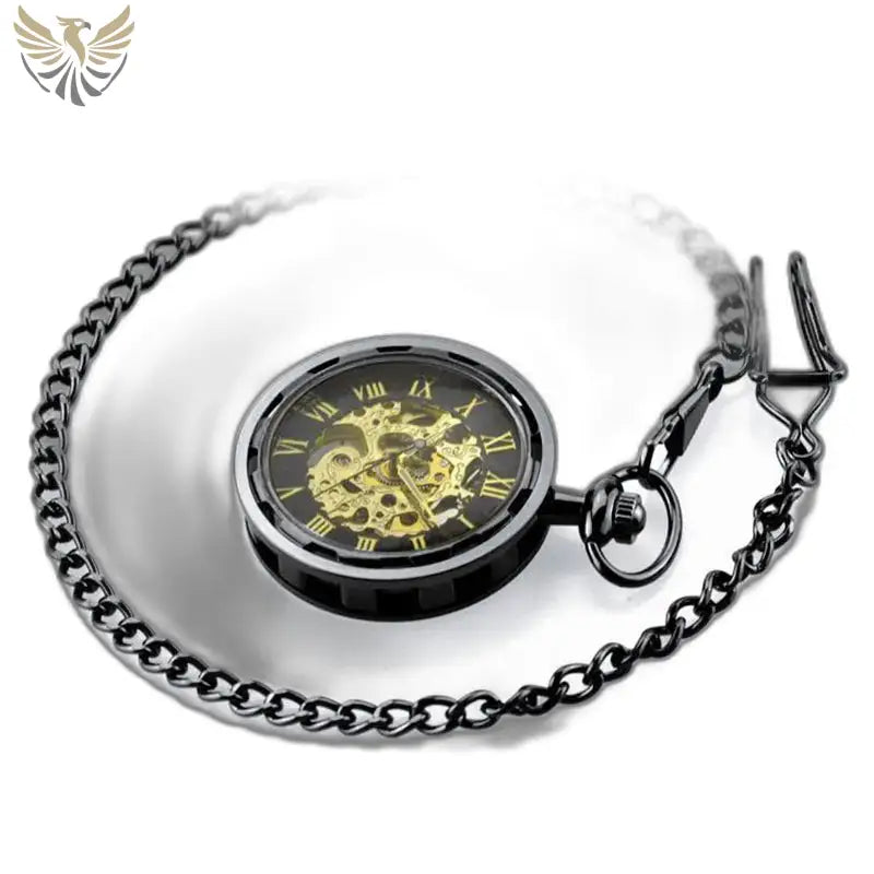 Montre Gousset Squelette Luxe Homme Femme avec chaîne, noir et élégant