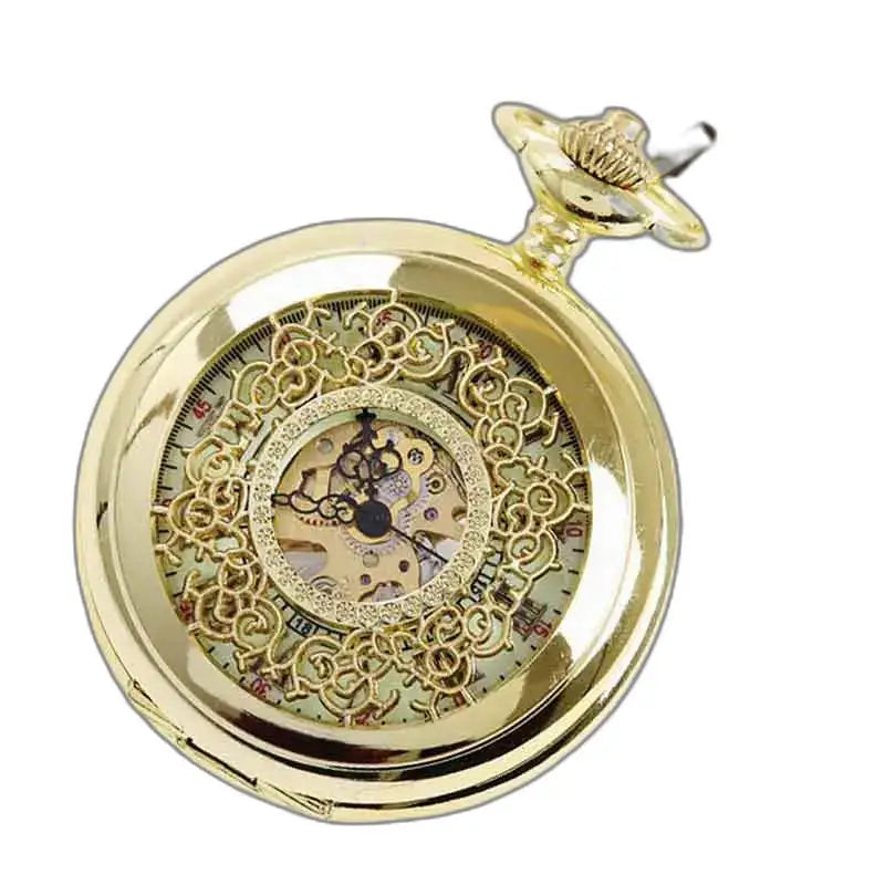 Montre gousset steampunk en or avec mécanisme visible et design élégant