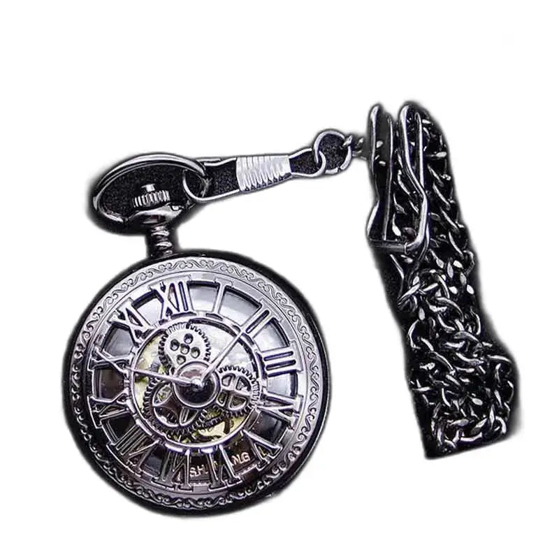 Montre Gousset Steampunk avec Rouages Dentés en argent et chaîne visible