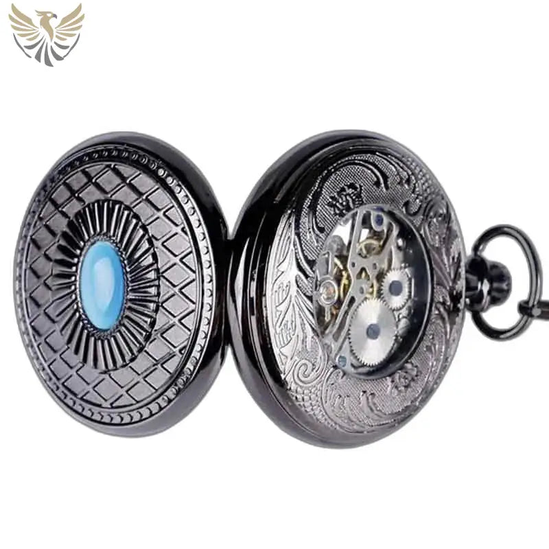 Montre Gousset Steampunk Mécanique Saphir Bleu avec engrenages visibles et pierre bleue