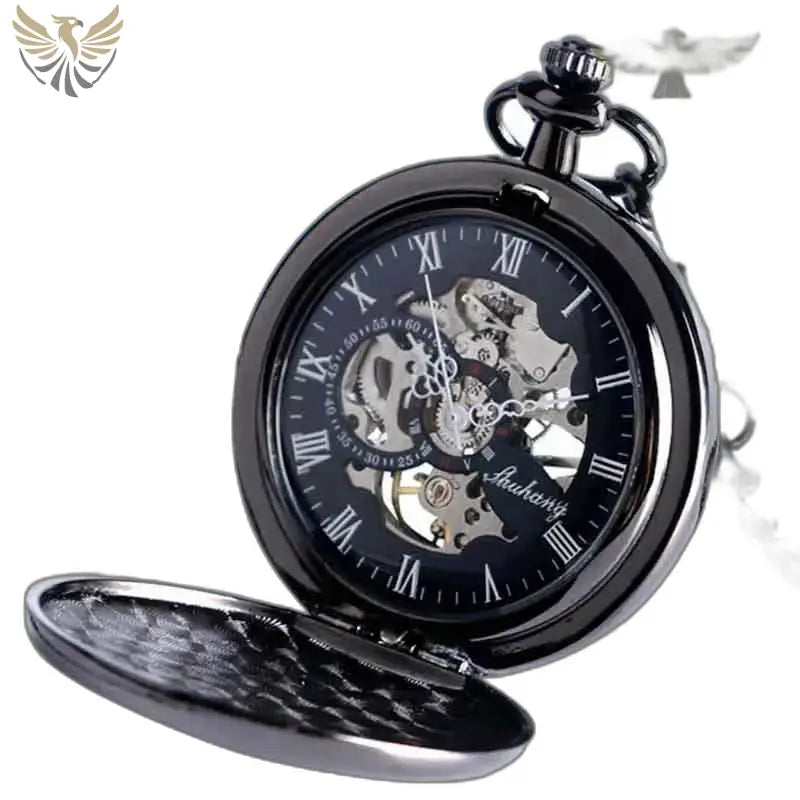 Montre Gousset Steampunk Mécanique Saphir Bleu avec un design noir élégant