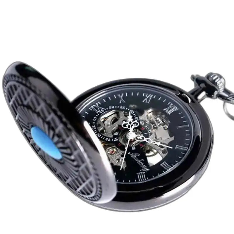 Montre Gousset Steampunk avec cadran noir et mécanisme visible en bleu