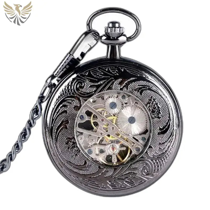 Montre Gousset Steampunk Mécanique Saphir Bleu avec engrenages visibles en noir ornée