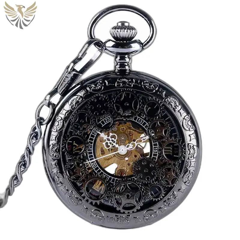 Montre gousset steampunk avec mécanisme visible et chaîne noire élégante