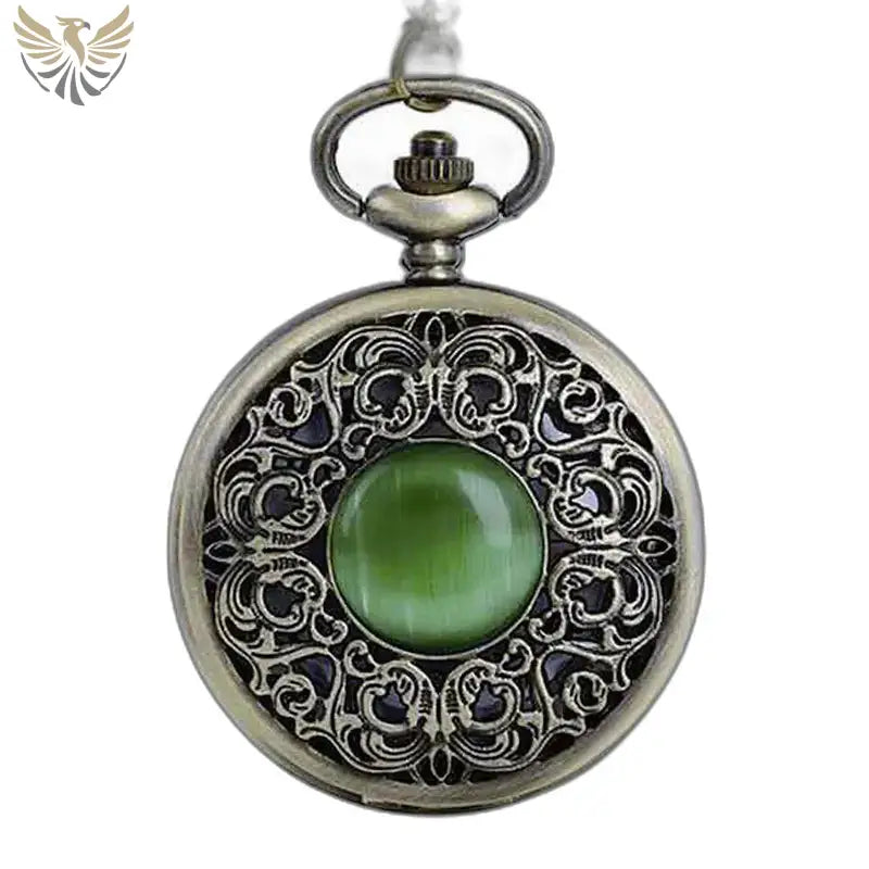 Montre Pendentif Bronze avec Pierre Verte au mouvement à quartz, design orné élégant