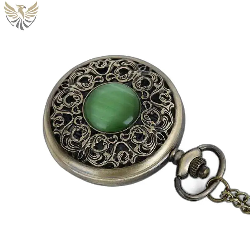 Montre Pendentif Bronze avec Pierre Verte et mouvement à quartz, élégante et raffinée