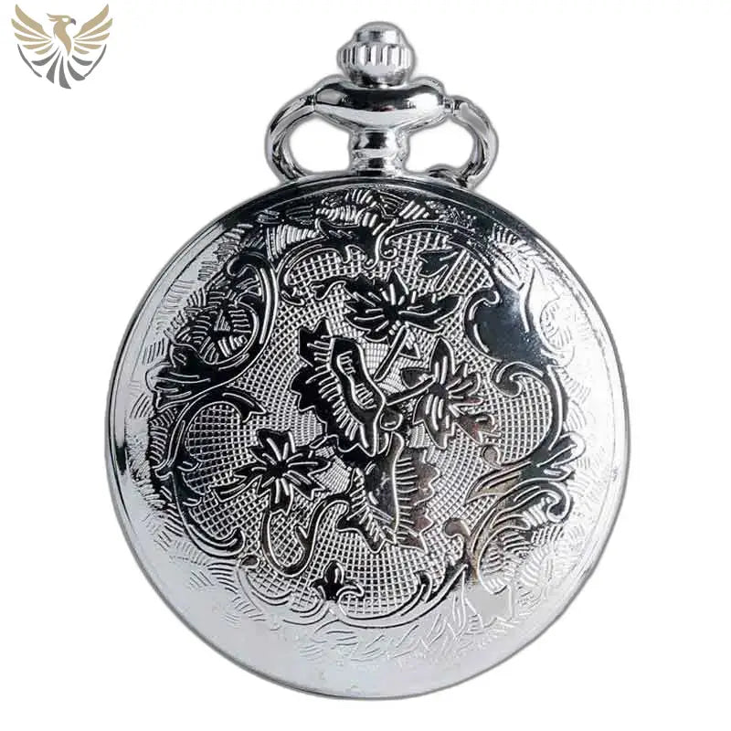 Montre Pendentif D’argent élégante avec chaîne et gravure florale en argent