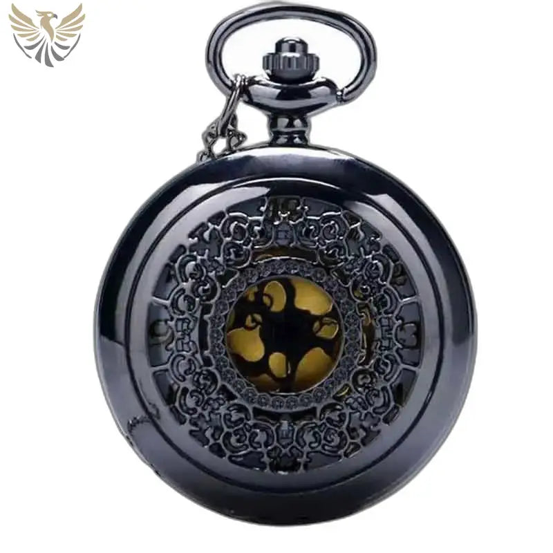 Montre Pendentif Femme Chic Argent avec une montre de poche noire ornée et élégante