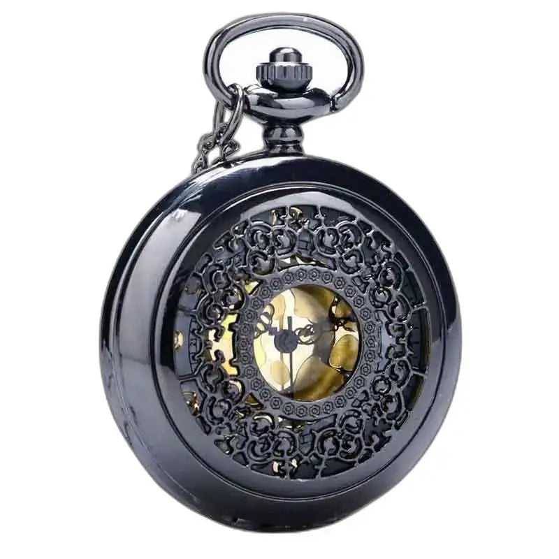 Montre Pendentif Femme Chic Argent avec une montre de poche ornée noire élégante