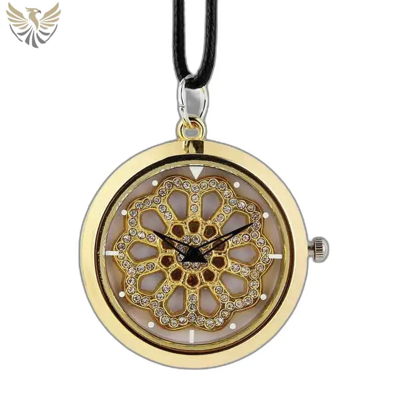 Montre Pendentif Femme Chic Dorée avec design floral en pierres précieuses