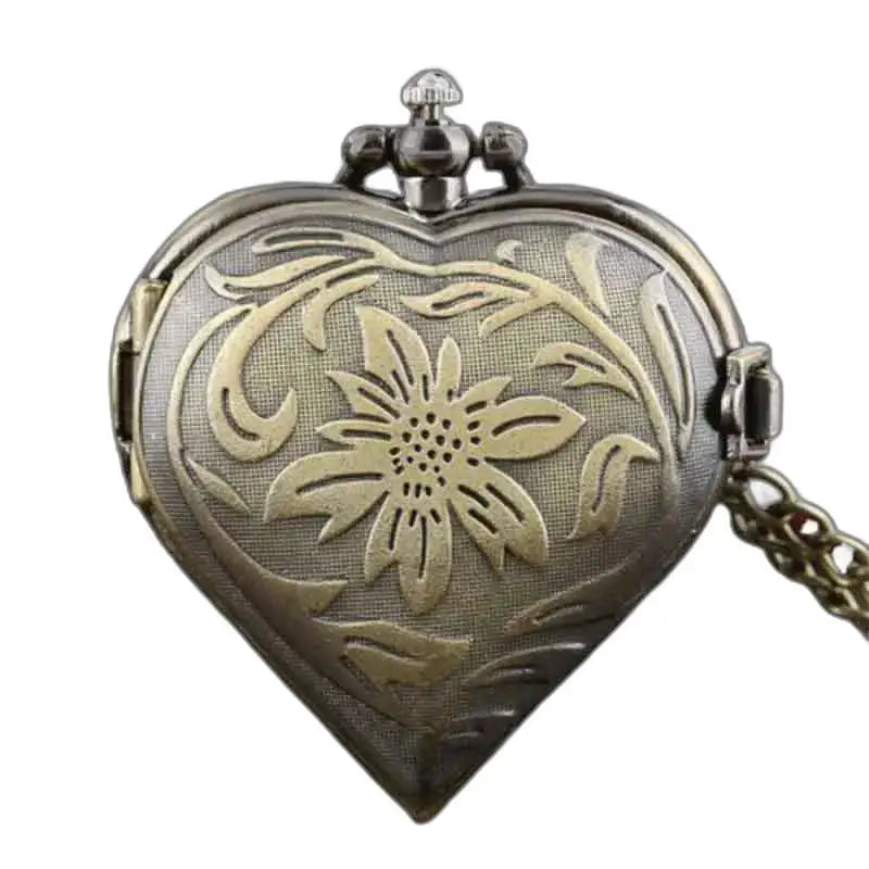 Montre Pendentif Femme Cœur élégante avec Mouvement Quartz et gravures florales en bronze antique