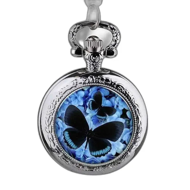 Montre Pendentif Papillon Aux Nuances de Bleu avec design de papillon en argent