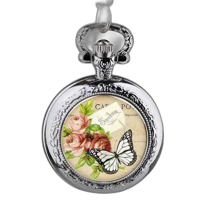 Montre Pendentif Papillon élégante en Acier avec design floral et papillon en argent