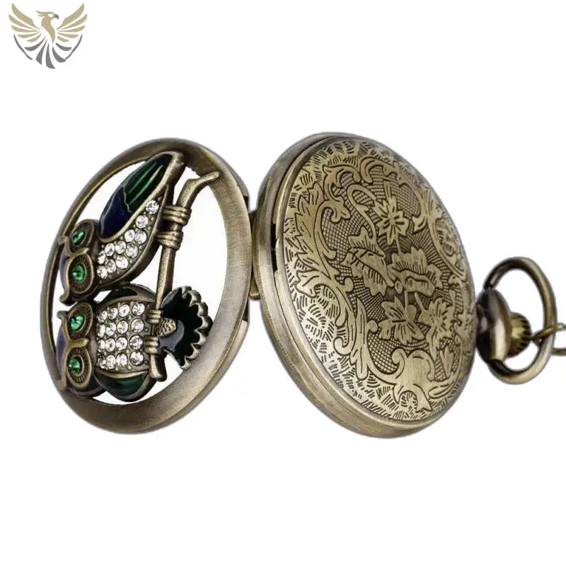 Montre Poche à Quartz Diamants Chouettes Classique en bronze avec un hibou antique