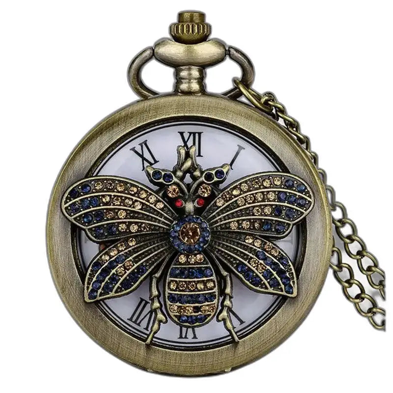 Montre Poche à Quartz Diamants Chouettes Classique Bronze avec un aiguille bijou abeille
