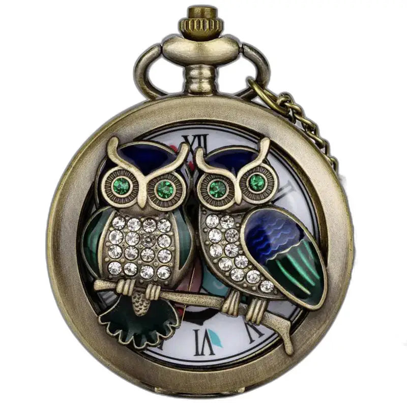 Montre Poche à Quartz Diamants Chouettes Classique Bronze avec motif hibou élégant