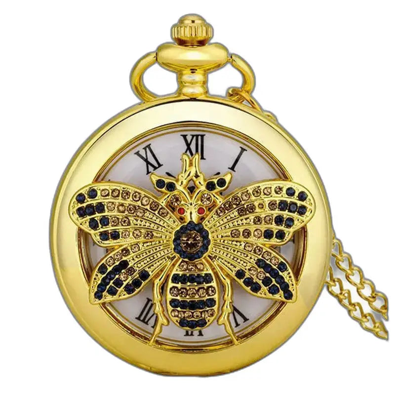 Montre Poche à Quartz Hibou Diamants Or avec décoration en abeille sur fond élégant
