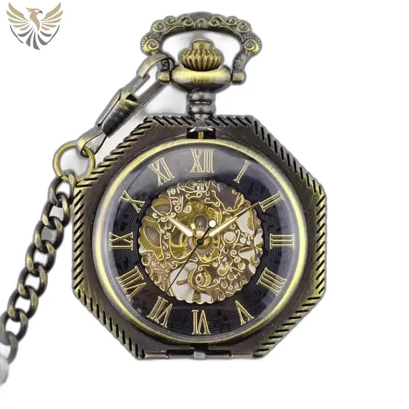 Montre Steampunk Squelette à Gousset Homme avec mécanisme visible en bronze octogonal