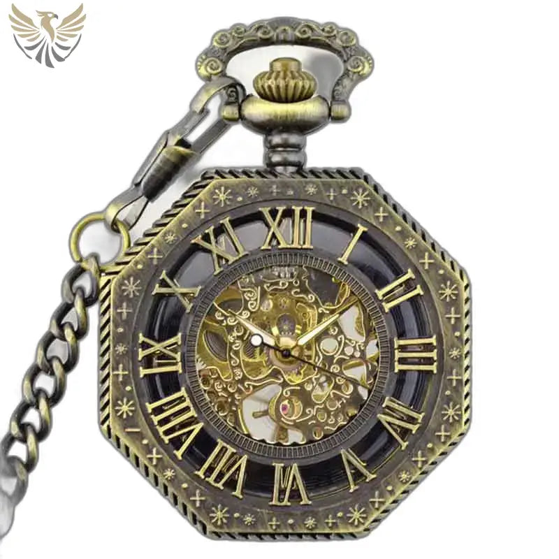 Montre Steampunk à gousset homme en bronze avec chaîne et mécanisme squelette