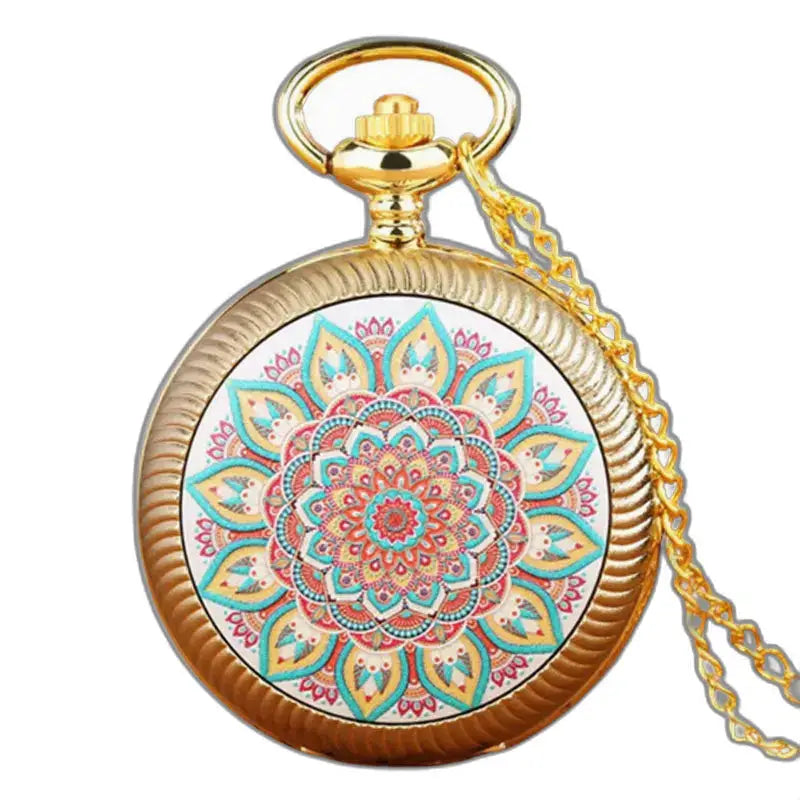 Montre Vintage Fleur Rose en Or avec un design unique de mandala coloré et mécanisme à quartz