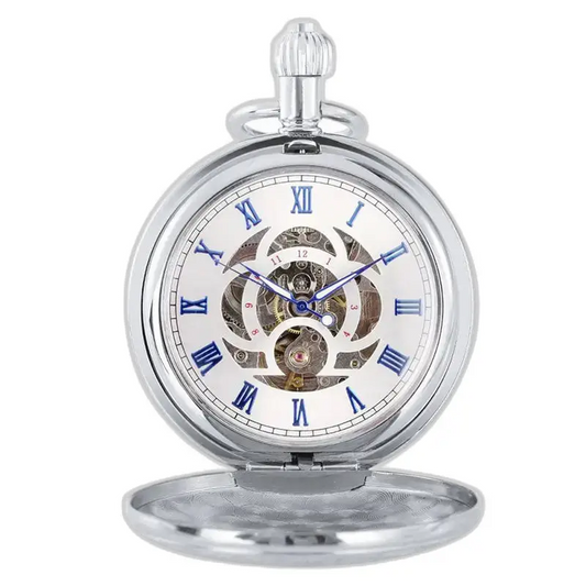 Montre à gousset automatique gravée homme - cadran squelette ouvert, chiffres romains bleus