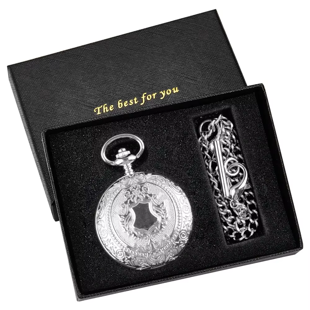 Montre à gousset automatique gravée homme - présentée avec sa chaîne dans son coffret cadeau noir "The Best For You"