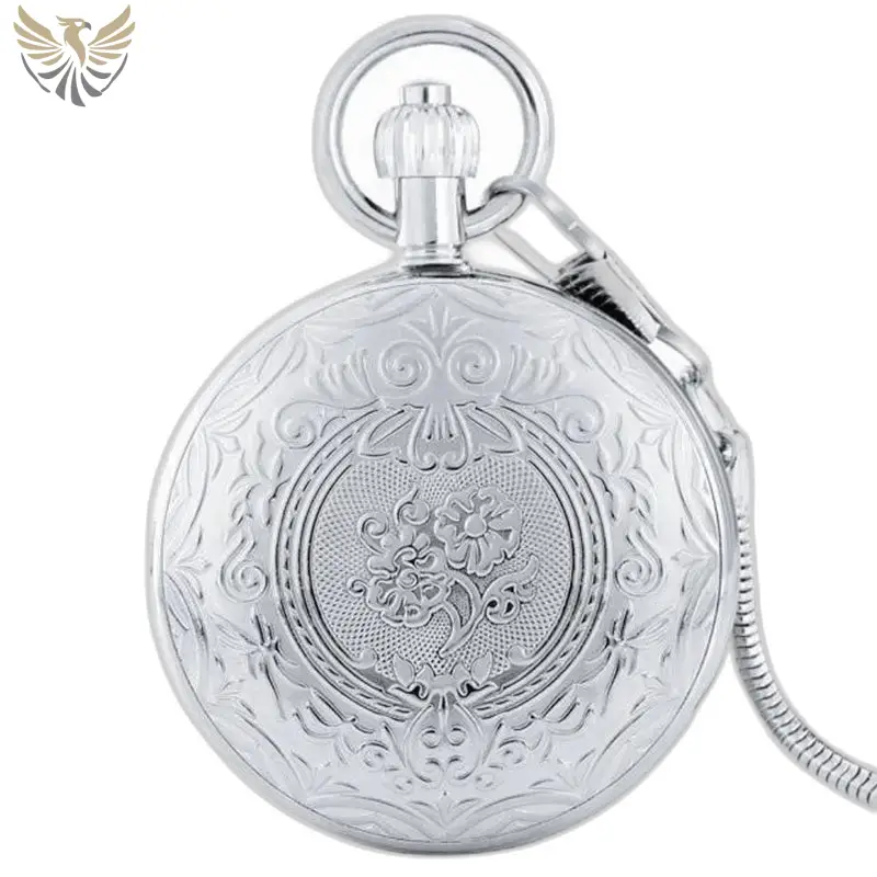 Montre à gousset automatique gravée homme - couvercle gravé motif floral avec chaîne gousset