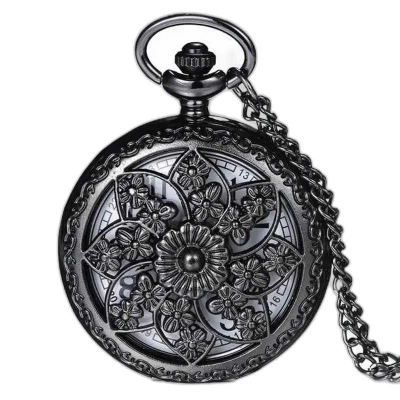 Montre à Gousset Collier Quartz Japonais Fleur Relief - Argent