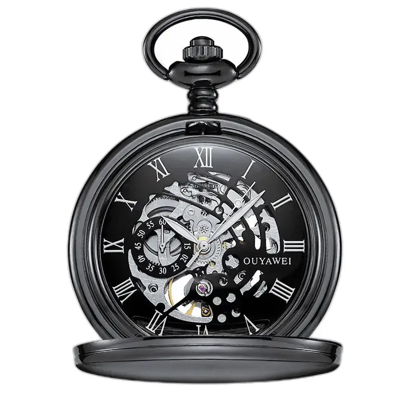 Montre à Gousset Mécanique Cadran Noir Chiffres Romains - Argent / Noir