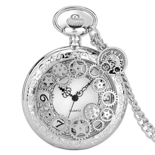 Montre Collier Femme Steampunk Quartz Stripped Wheel Argent