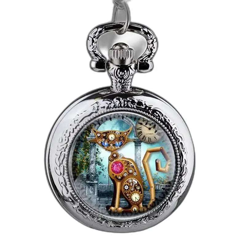 Montre Pendentif Chat en Acier Inoxydable avec Mécanisme Analogique - Argent